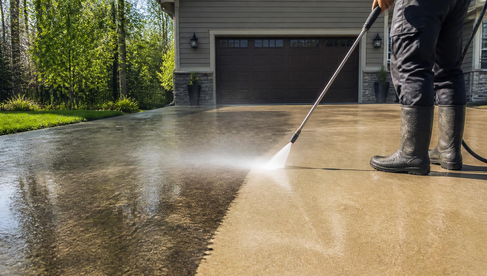 Pressure washer revealing clean concrete on a residential driveway