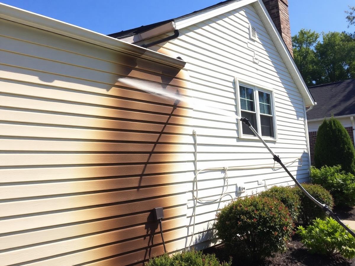 Half-cleaned house siding showing the difference after soft washing